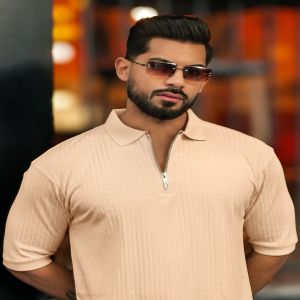 Maniac Men Textured Polo Neck Half Sleeve Half Zipper Cream Color Cotton T-Shirt
