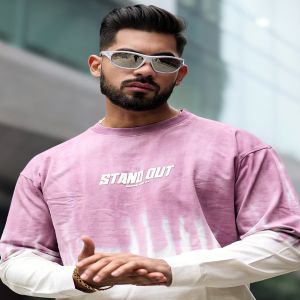 Maniac Mens Stand Out Ombre Wash Round Neck Full Sleeve Pink Cotton T-Shirt