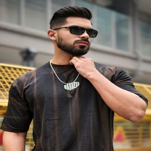 Maniac Mens Madness Acid Wash Round Neck Half Sleeve Black & Brown Cotton T-Shirt