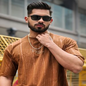Maniac Mens Madness Brush Printed Round Neck Half Sleeve Brown Cotton T-Shirt