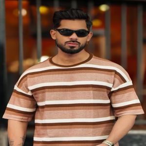 Maniiac Men Stripe Round Neck Half Sleeve Brown and White Cotton T-Shirt