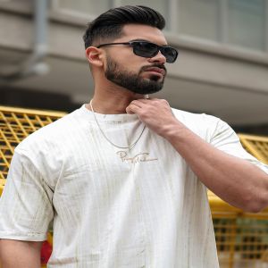Maniac Mens Madness Brush Printed Round Neck Half Sleeve Half White Cotton T-Shirt