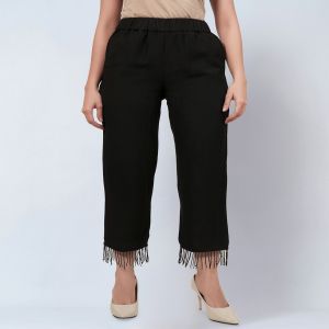 FIRST RESORT – RAMOLA BACHCHAN, Women Straight Fit Front-Flat Pants With Bead Lace
