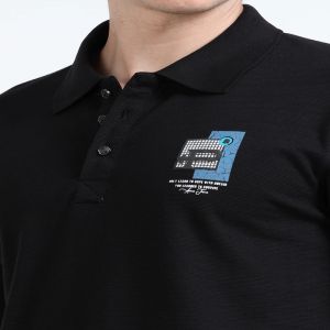 Stylesmyth Printed Chenille Knit Polo Half-Sleeve T-Shirt Black