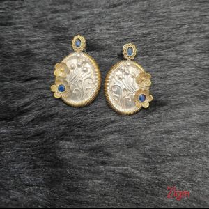 Brass Silver Oxidised Doul Stud Earrings