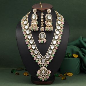 Pink & Parrot Green Color Long Kundan Necklace Set