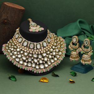 Pink & Parrot Green Color Kundan Necklace Set