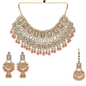Peach Color Kundan Bridal Necklace With Earrings & Maang Tikka