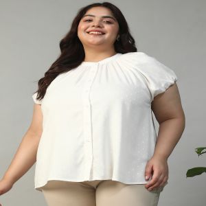Women Plus Size White Round Neck Short Puffed Sleeve With Button Down & Gather Detail Rayon Swiss Dot Dobby Shirt