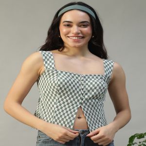 Women Green Check Print Top with Square Neck, Smocked Back, Shoulder Straps, Button Fly and Front Slit in Soft Poly Seersucker Dobby Fabric