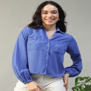 Women Solid Blue Collared Button Down Long Sleeve Slub Fabric Shirt With Chest Pocket