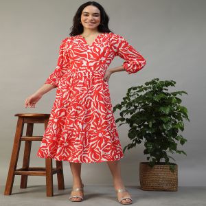 Women Red Rayon Crepe Floral Print V-Neck 3/4 Length Sleeves Below Knee Length Dress