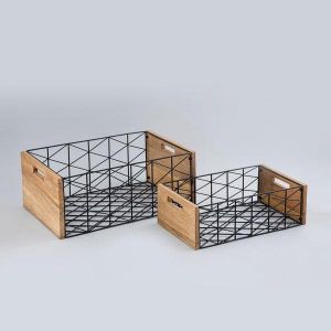 IKIRU Natural Black Iron & Wood Criss Cross Baskets For Kitchen Storage & Organizer