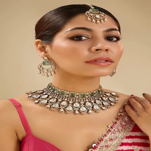 Zevar By Geeta,Gold Finish Kundan Polki & Green Stone Necklace Set