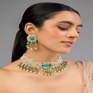 Gold Finish Kundan Polki & Turquoise Stone Choker Necklace Set