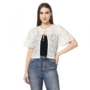 ESPRESSO Women Butterfly Sleeve 95% Cotton  5% Nylon Shawl Collar Lace Tie Up Shrug 