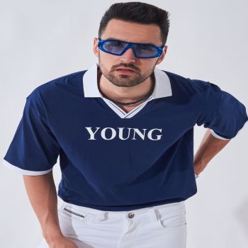 Maniac Mens Printed Polo Neck Half Sleeve Navy and White Cotton Oversized Fit T-Shirt