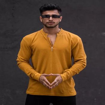 Maniac Mens Henley Neck Solid Full Sleeve Mustard Cotton Slim Fit T-Shirt