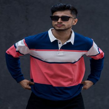 Maniac Mens Polo Neck Auto Striped Full Sleeve Navy, Orange Cotton Slim Fit T-Shirt