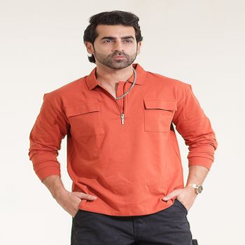 Maniac Mens Solid Oversized Polo Neck 2 Pocket Full Sleeve Rust Cotton T-Shirt