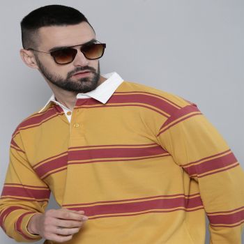 Maniac Mens Auto Striped Polo Neck Full Sleeve Yellow and Red Cotton Oversized T-Shirt