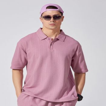 Maniac Mens Drop Shoulder Solid Polo Neck Half Sleeve Brooklyn Lavender Cotton Oversized Fit T-Shirt