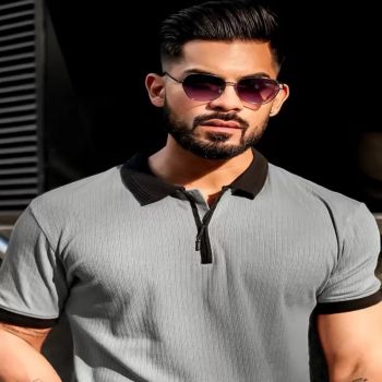 Maniac Mens Half Zip Polo Neck Solid Half Sleeve Silver Grey and Black Cotton Oversized Fit T-Shirt