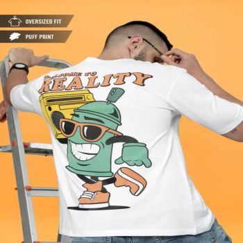 Maniac Reality Printed Mens Round Neck 3/4th Sleeve White & Green Cotton Oversized T-Shirt
