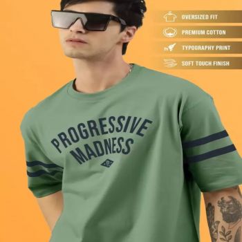Maniac Mens Printed Round Neck Half Sleeve Hunter Green and Navy Cotton Oversized T-Shirt