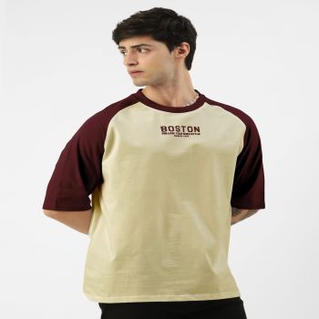 Maniac Mens Printed Round Neck raglan Half Sleeve Butterscotch and  Burgundy Cotton Oversized Tshirt