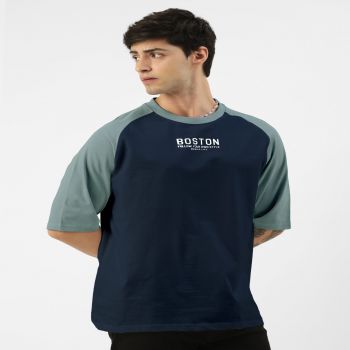 Maniac Mens Printed Round Neck raglan Half Sleeve Navy and Light Grey Cotton Oversized Tshirt