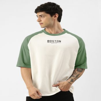 Maniac Mens Printed Round Neck raglan Half Sleeve White and Hunter Green Cotton Oversized Tshirt