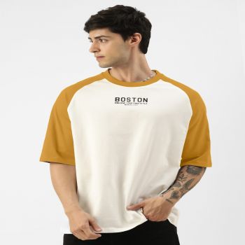 Maniac Mens Printed Round Neck raglan Half Sleeve White and Mustard Cotton Oversized Tshirt