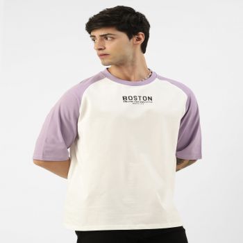 Maniac Mens Printed Round Neck Ragalan Half Sleeve White and Purple Cotton Oversized Tshirt