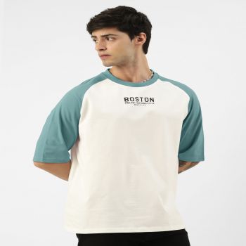 Maniac Mens Printed Round Neck raglan Half Sleeve White and Turkey Blue Cotton Oversized Tshirt