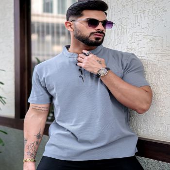 Maniac Mens Solid Henley Neck Half Sleeve Light Grey Cotton Oversized T-Shirt