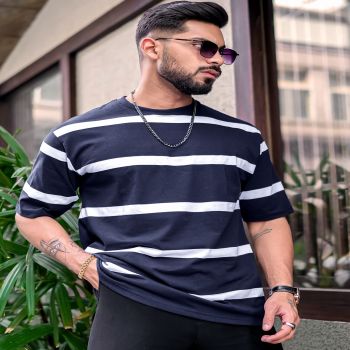 Maniac Mens Striped Mens Round Neck Half Sleeve Navy & White Oversized Fit T-Shirt
