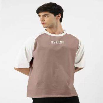 Maniac Mens Printed Round Neck raglan Half Sleeve Dusty Pink and White Cotton Oversized Tshirt