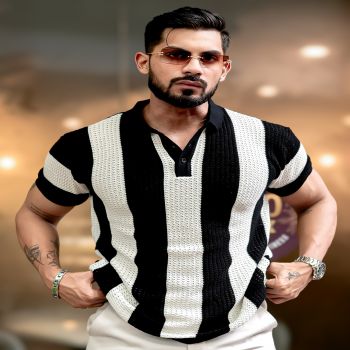 Maniac Mens Half Sleeve Black and White Aristripe Flat Knit Cotton Polo T-Shirt