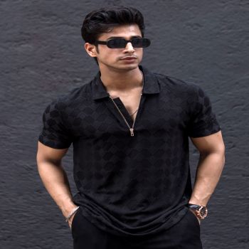 Maniac Mens Textured Polo Neck Half Sleeve Black Half Zipper Cotton Lycra Blend T-Shirt
