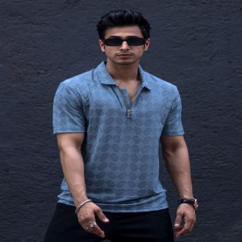 Maniac Mens Textured Polo Neck Half Sleeve Blue Half Zipper Cotton Lycra Blend T-Shirt
