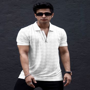 Maniac Mens Textured Polo Neck Half Sleeve White Half Zipper Cotton Lycra Blend T-Shirt