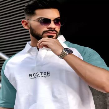 Maniac Mens Printed Raglan Polo Neck Half Sleeve White and Teal Blue Cotton Oversized T-Shirt