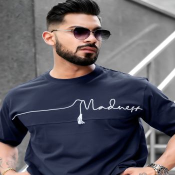 Maniac Mens Printed Round Neck Half Sleeve Navy Cotton T-Shirt