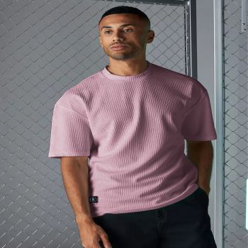 Maniac Mens Solid Round Neck Half Sleeve Pink Seersucker CottonBlend Oversized T-Shirt
