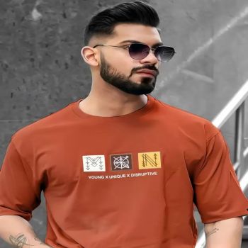 Maniac Mens Printed Round Neck Half Sleeve Rust Cotton T-Shirt