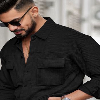 Maniac Mens Solid 2 Pockets collared Neck Full Sleeve Black Oversized Cotton Shirt