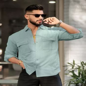 Maniac Mens Solid 2 Pockets collared Neck Full Sleeve Light Blue Oversized Cotton Shirt