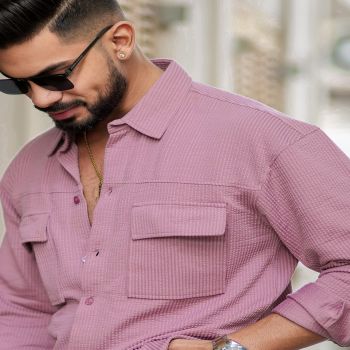 Maniac Mens Solid 2 Pockets collared Neck Full Sleeve Pink Oversized Cotton Shirt