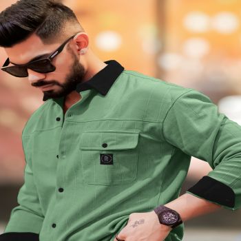 Maniac Mens Solid Collared Neck Full Sleeve Berly Green and Black Cotton Shirt